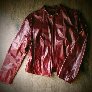 The Limited Dark Red Leather Jacket with Zip Pockets Size Medium